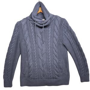 LL Bean Blue Double L Mixed Cable Funnel Neck With Pockets Pullover Sweater PM